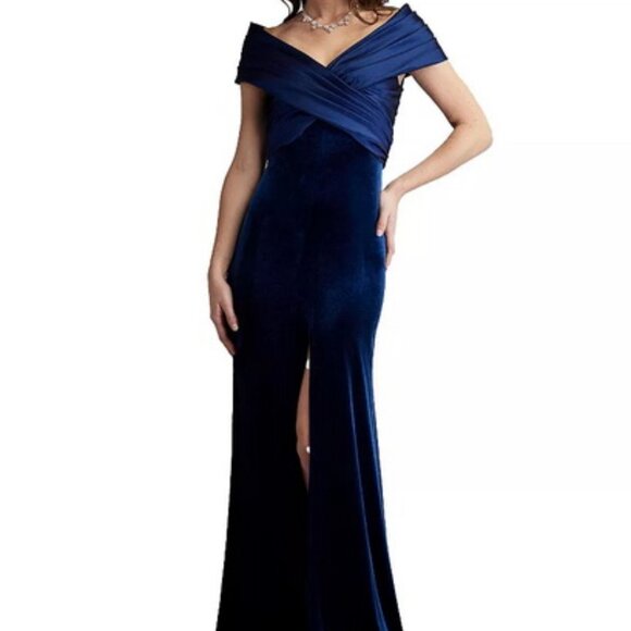 Tadashi Shoji Navy Blue Taffeta & Velvet Gown